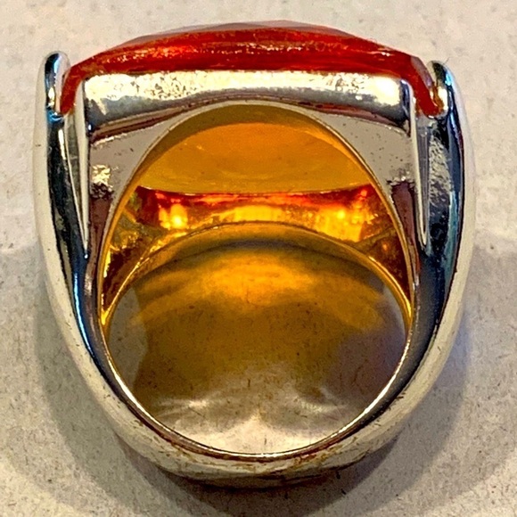 Large Orange Cushion Quartz Ring Checkerboard Faceted - Picture 3 of 9